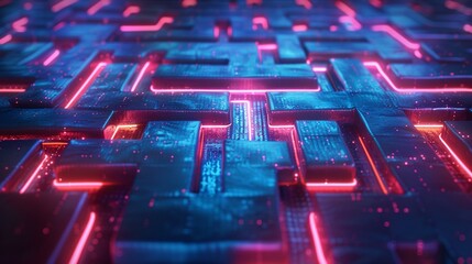 An intricate neon lit maze, symbolizing network defense, technology concept