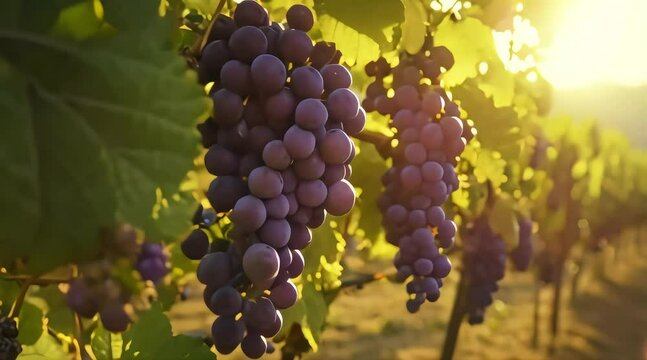 A close-up of a dew kissed vineyard at sunrise with ripe grapes ready for harvest.