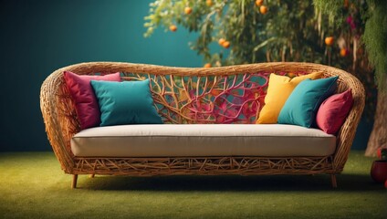 Sofa with colorful pillows in garden. 3d rendering