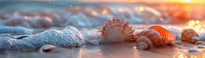 Close up seashells in sunlight or sunset on the beach - obrazy, fototapety, plakaty