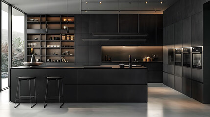 Modern style kitchen featuring frameless cabinets in a matte black color scheme for a bold statement - obrazy, fototapety, plakaty