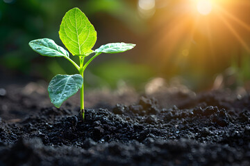 Close-up photo of a young green tree plant sprout growing from the black soil, symbolizing new life and growth concept.