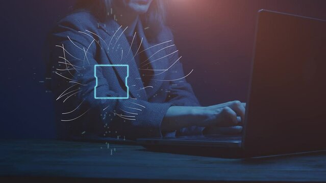Cg footage with medical symbols. A woman working on a laptop turns on artificial intelligence with one touch and a microchip with health protection symbols is visualized
