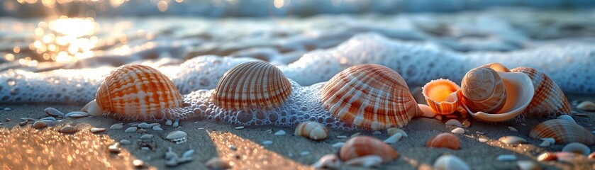 Close up seashells in sunlight or sunset on the beach - obrazy, fototapety, plakaty