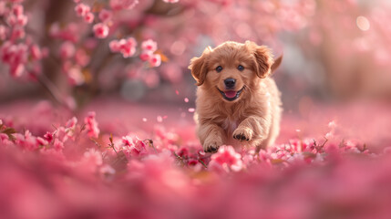 Cute Golden Retriever Puppy Running Under a Cherry Blossom Tree. Generative AI.