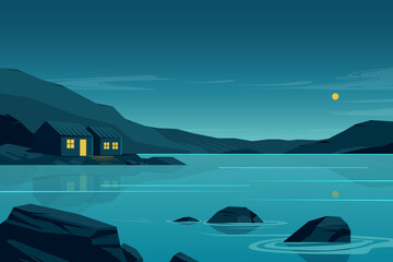 Cartoon landscape with cabin on lake. Minimal nature background with wooden house on lake shore, trees and mountains at twilight. Modern vector flat illustration