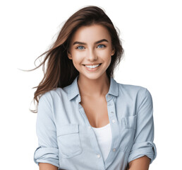 portrait of a smiling woman wearing blue shirt isolated on transparent background