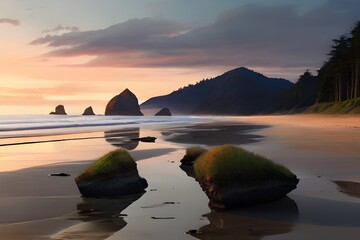 Cannon beach dusk sunset coast nature landscape at low tide Generative AI - obrazy, fototapety, plakaty