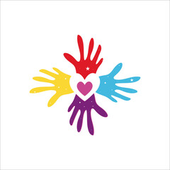 International Autism Awareness Day Logo. Set Of Colorful Hands With Vector Illustration Of Heart