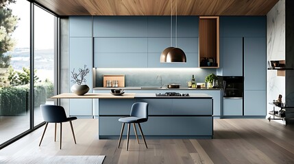 Modern style kitchen incorporating handle-less cabinets in a matte light blue finish for a fresh, contemporary look