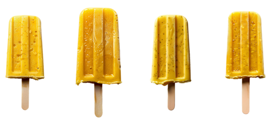 Yellow popsicle set. Popsicle PNG. Yellow popsicle on stick isolated. Pineapple popsicle top view PNG. Pineapple or Banana popsicle flat lay PNG