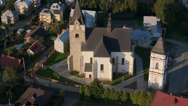 Beautiful Church Downtown Lesko Aerial View Poland