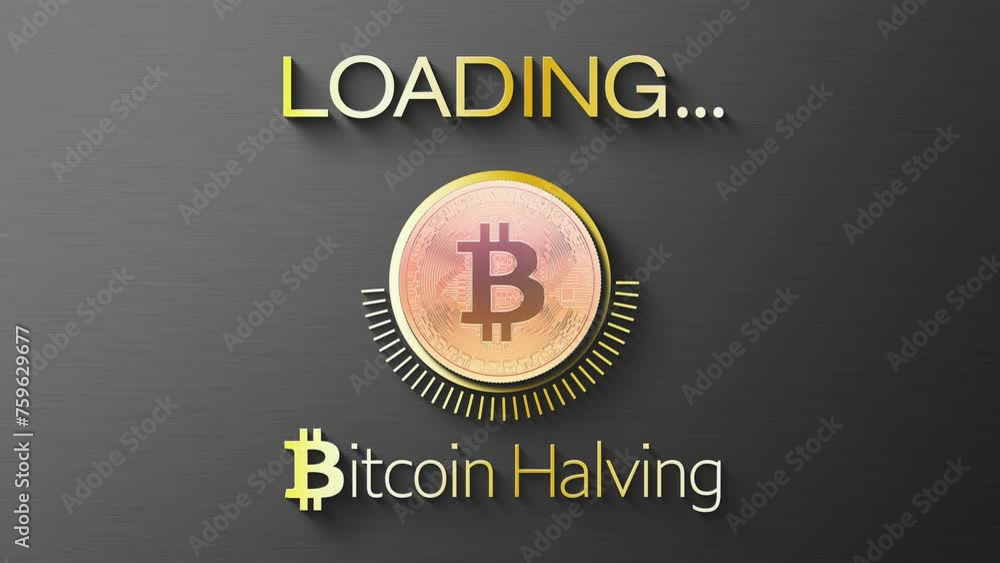 Poster video animation of a loading bar for bitcoin halving - btc crypto coin cracked in two. reward for bi