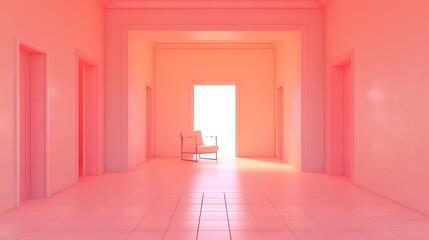 Fototapeta premium Monochromatic pink room with a single chair and open doorway. Minimalist interior design concept. Modern abstract background for posters, banners, and art prints. Clean composition with copy space