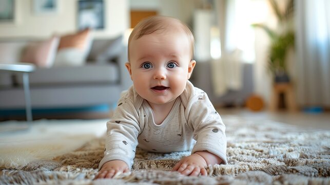 Baby crawling on the floor in living room