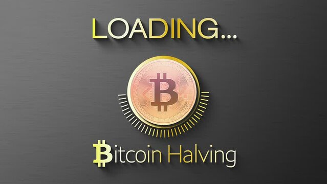 Video animation of a loading bar for Bitcoin halving - BTC crypto coin cracked in two. Reward for Bitcoin cryptocurrency mining is cut in half in 2024 concept.