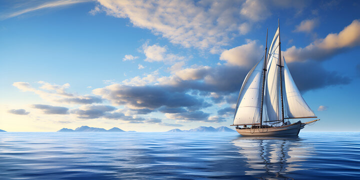 A ship in the ocean with clouds in the background, A sailboat in the ocean with the sun shining on the water, Sailboat in the ocean Beautiful illustration picture Generative AI
