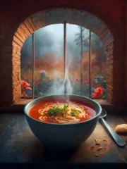 Deurstickers Savory Tomato Soup with a View. the simple pleasure of a homemade tomato soup © Noboru