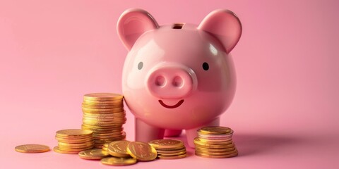 A cheerful, ceramic piggy bank with a content smile stands amidst numerous stacks of shiny gold coins, suggesting themes of savings, financial security, and investment