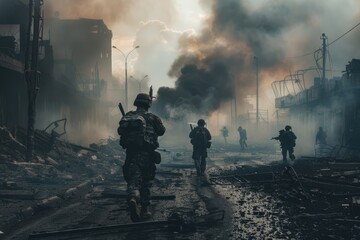 Obraz premium soldiers crossing a city street destroyed by bombs and smoke