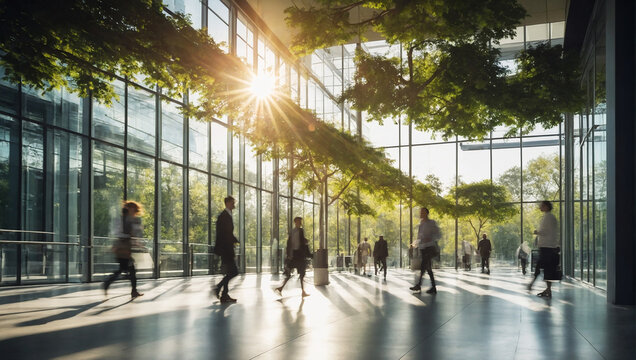 Blurred background of people walking in a modern office building with green trees and sunlight , eco friendly and ecological responsible business concept image with copy space

