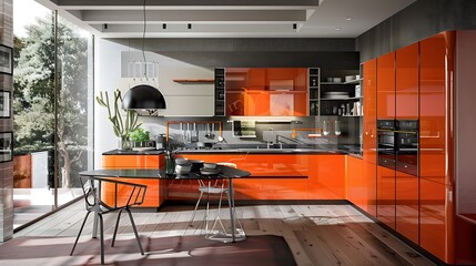 Modern style kitchen showcasing high-gloss acrylic cabinets in a vibrant orange hue for a pop of...