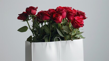 Red roses on a white background in a package, flower delivery, commercial shot, with space for text, banner