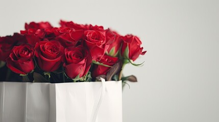 Roses on a white background in a package, flower delivery, commercial shot, with space for text, banner