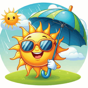 Happy sun with sunglasses and umbrella cartoon illustration
