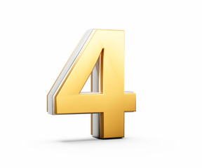 Obraz premium 3d Golden Shiny 4 Four Digit 3d Four Number Isolated On White Background 3d Illustration