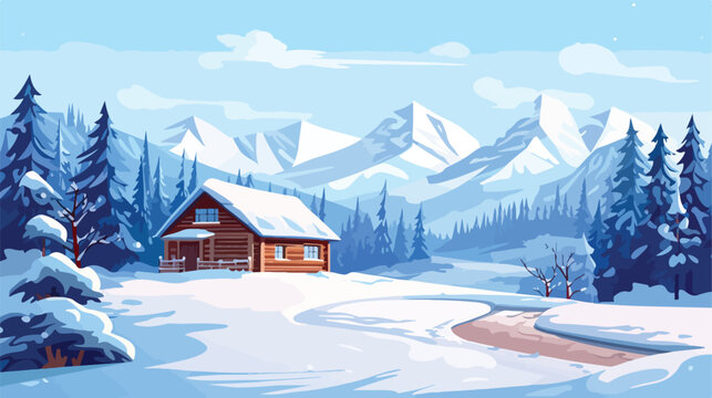 The image of a chalet in snowy mountains. Beautiful