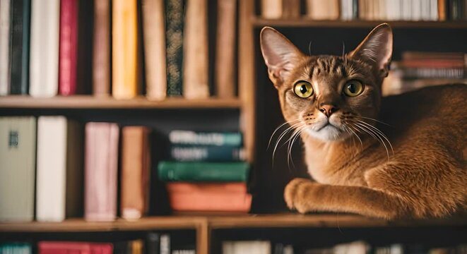 Abyssinian Cat Sitting on Top of Book Shelf in a Library