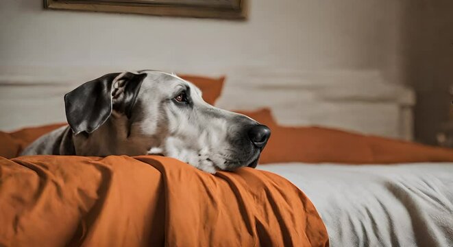 A large Great Dane Dog Laying on Top of Bed, Relaxed and Content
