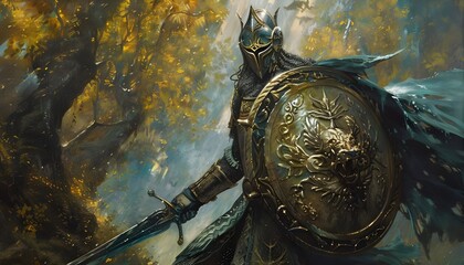 Elf warrior with shield and scimitar - obrazy, fototapety, plakaty