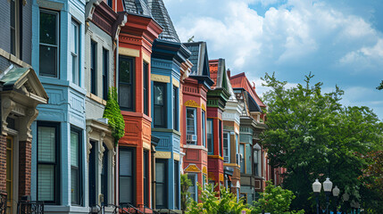 Washington, DC Row Houses Colorful James Joyce WASHINGTON D.C., USA - CIRCA MAY 2017: Colorful row houses on Capitol Hill, a historic residential neighborhood in Washington, Generative Ai