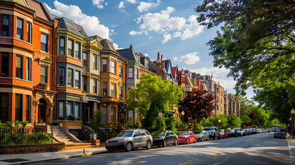 Washington, DC Row Houses Colorful James Joyce WASHINGTON D.C., USA - CIRCA MAY 2017: Colorful row houses on Capitol Hill, a historic residential neighborhood in Washington, Generative Ai