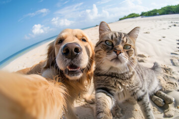 A happy dog and tabby cat taking a selfie on the beach