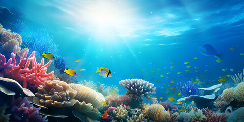 Naklejka na ściany i meble oceanic ecosystem aquatic species colorful fish with beautiful oceanic day background