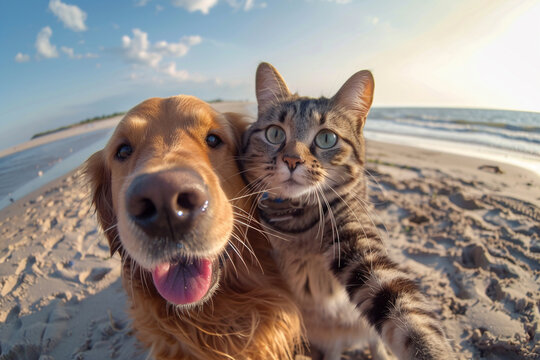 A happy dog and tabby cat taking a selfie on the beach - Powered by Adobe