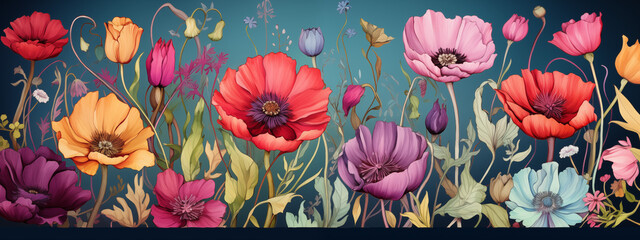 Elegant Floral Art with Red Poppies and Blue Wildflowers