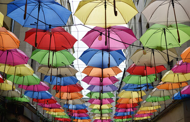 Fototapeta na wymiar The dеcor is made of multi-coloured umbrellas.