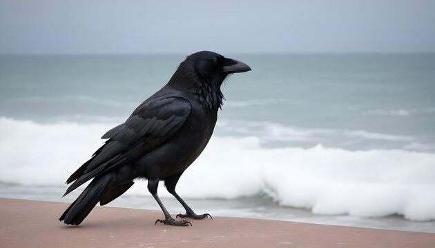A Crow With Its Feathers Ruffled By The Sea Breeze