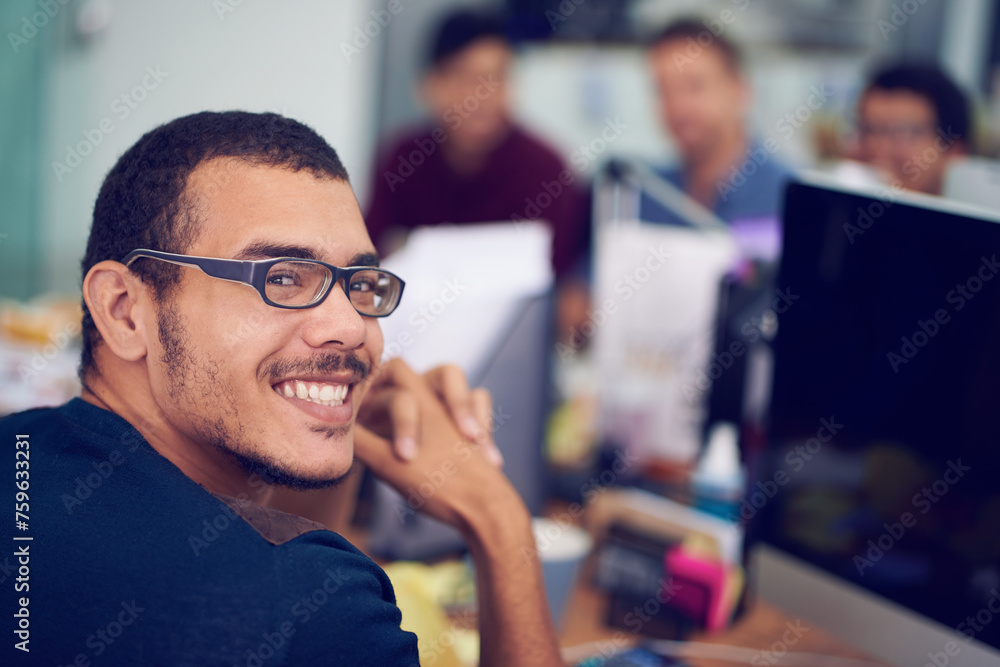 Aufkleber Man, portrait and computer as programmer in office for software development, information technology or game design. Male person, glasses and face at desk for digital browsing, networking or website