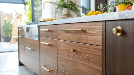 Fototapeta na wymiar Modern style kitchen with flat-front cabinets in a warm walnut finish complemented by brass hardware