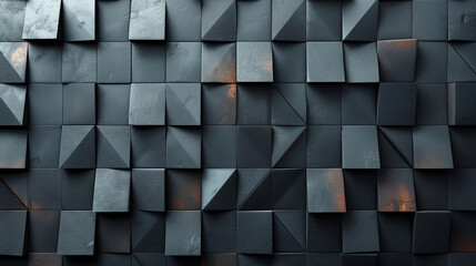 Polished, semi-gloss wall background with tiles. square, tiled wallpaper with 3D, black blocks.