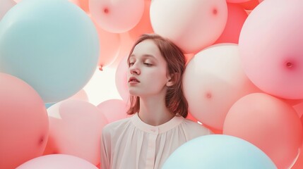 Fototapeta na wymiar A girl model surrounded by floating pastel balloons on a serene, minimalistic background.