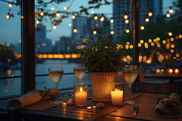 romantic dinner by the river, string lights and candles on table, potted plant in corner of room. Created with Ai - obrazy, fototapety, plakaty