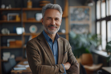 Fototapeta premium mature 50 year old confident professional manager, confident businessman investor looking at camera, smiling mid aged older business man executive standing in office.