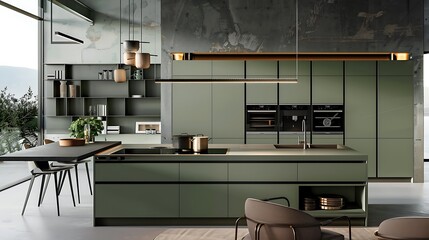 Modern style kitchen with flat-front cabinets in a matte sage green finish for a calming vibe