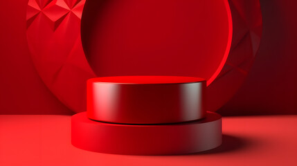 red podium mockup. Realistic 3d vector pedestal for cosmetics presentation with a window shadow on wall. Elegant visual background for promoting women makeup